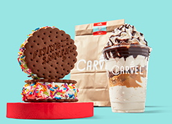 The image displays a collection of items, likely promotional materials for Carvel ice cream treats, including a chocolate chip cookie ice cream treat, a soft serve ice cream cup, a variety of cookies and a box. The overall style of the image is that of a food advertisement with vibrant colors and clear text.