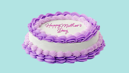 A large cake celebrating Mother's Day, decorated with purple and white frosting.
