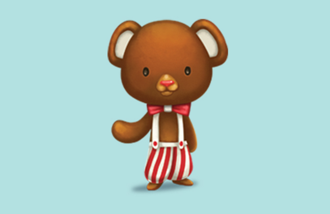 A cartoon teddy bear with a bow tie and candy striped shirt stands against a light blue background.