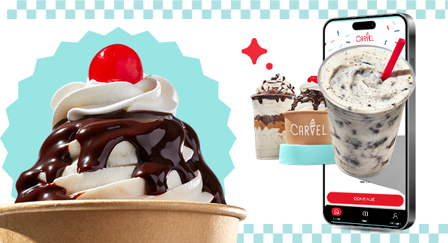 Ice cream shop banner featuring ice cream cones and a delicious looking sundae with a cherry on top, along with two cellphones displaying the shop's menu and social media content.